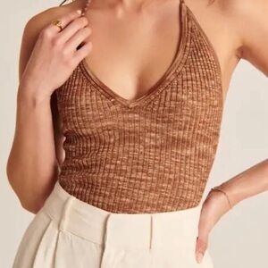 Abercrombie & Fitch Knit Ribbed Halter Bodysuit in Rust Brown